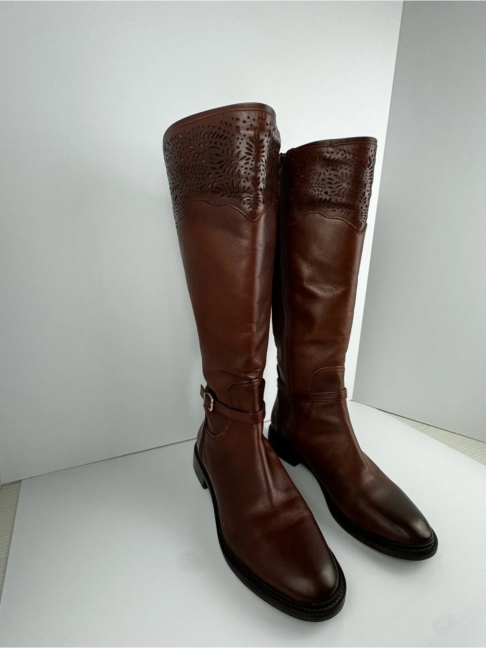 Gianni Bini Brown Knee-High Wide Calf Leather Riding Boots